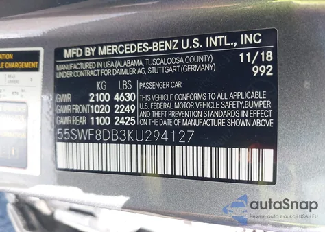 2019 Mercedes-Benz C 300 из США, поврежденный, VIN 55SWF8DB3KU294127